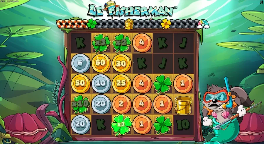 Le Fisherman free spins with coins, clovers and a bucket on the grid