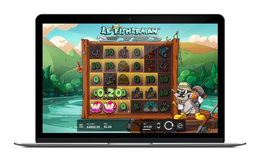Le Fisherman slot running on a laptop, 6x5 grid with Smokey the raccoon in a fishing boat